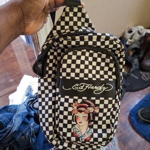 Ed Hardy Black and White Checkered Crossbody Bag